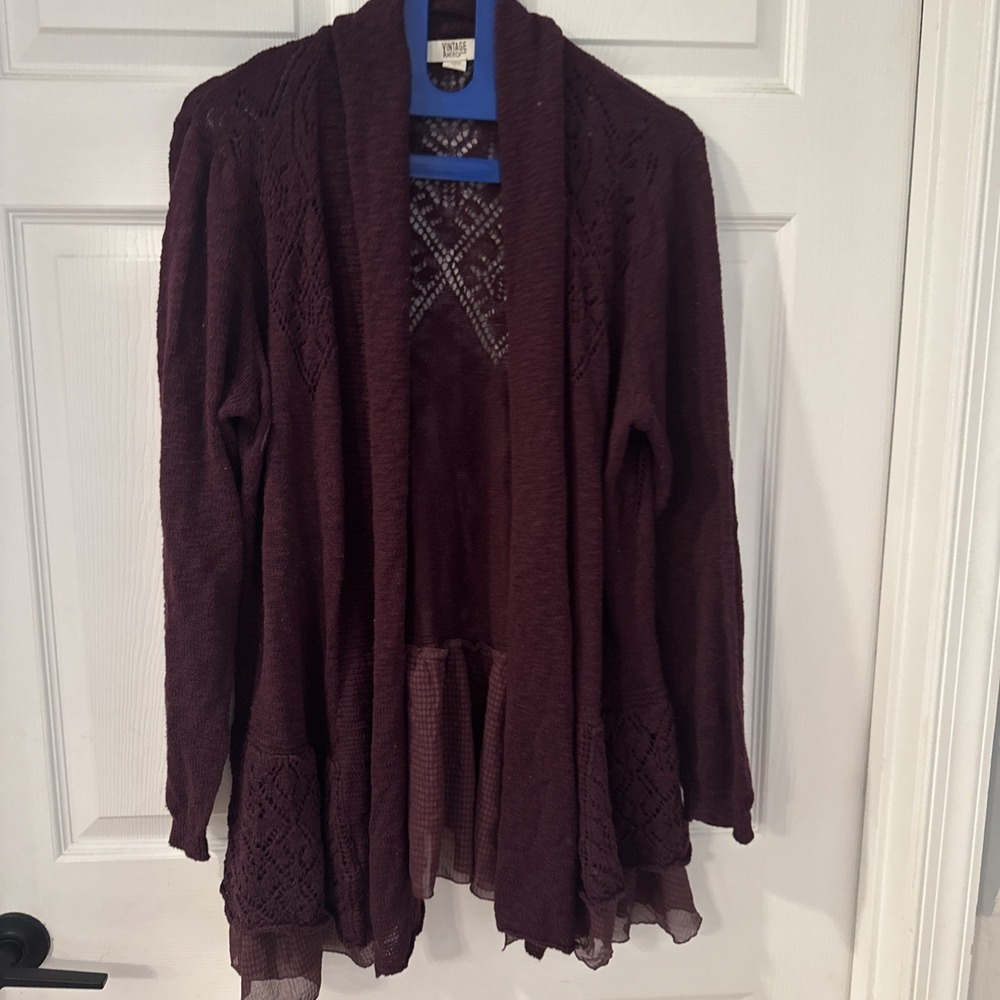 Vintage‎ America Wine Burgundy Size XL open knit cardigan Double Ruffle Hem
